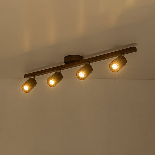 Pendantlightie-Farmhouse 4-Light Linear Wooden Track Ceiling Lighting Rotable Heads-Semi Flush Mount-Walnut-