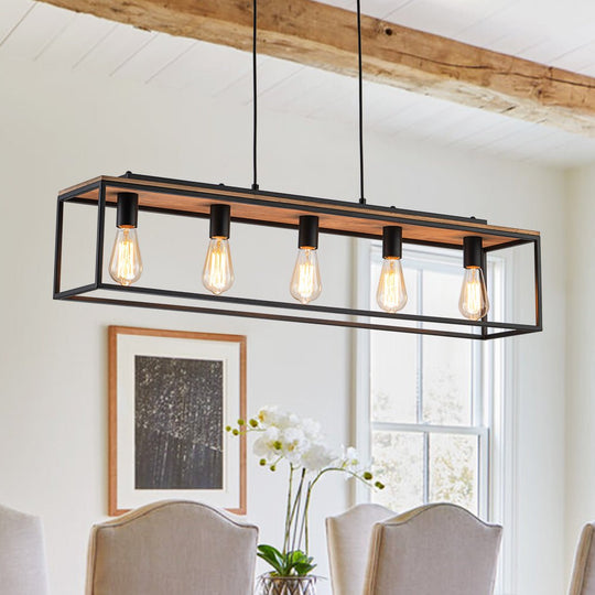 Pendantlightie - Farmhouse 5 - Light Kitchen Island Wood Accents Rectangular Chandelier - Chandeliers - Black - 