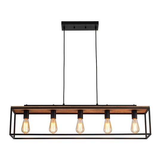 Pendantlightie - Farmhouse 5 - Light Kitchen Island Wood Accents Rectangular Chandelier - Chandeliers - Black - 