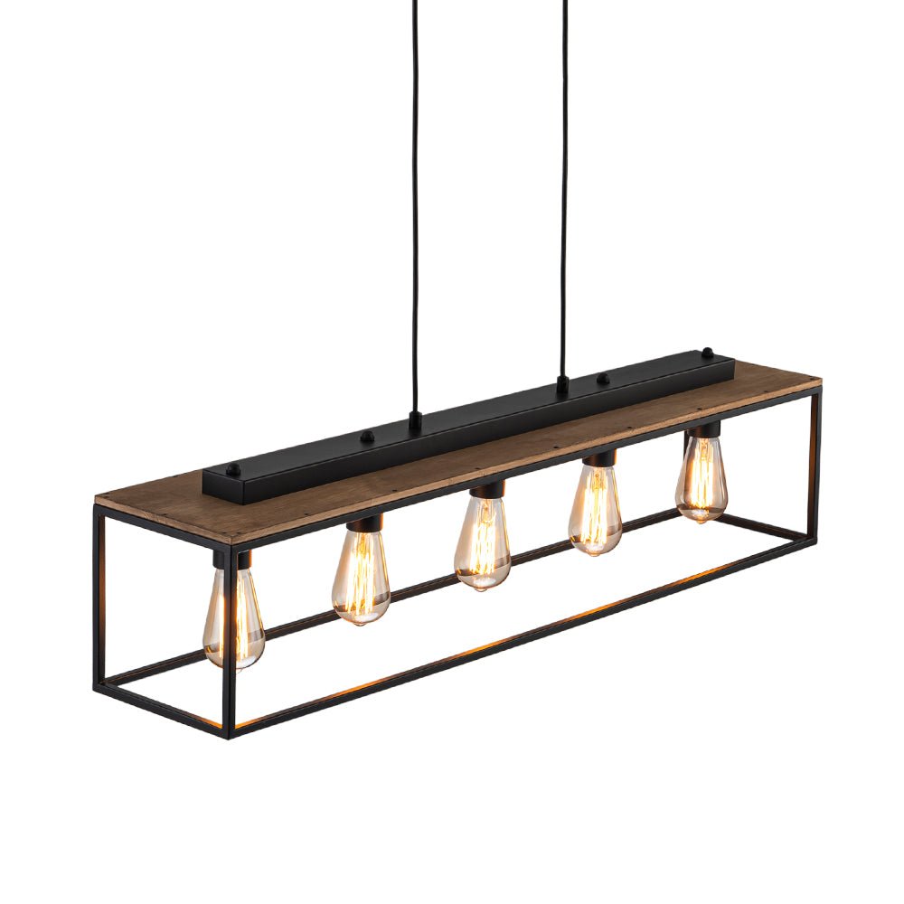 Pendantlightie - Farmhouse 5 - Light Kitchen Island Wood Accents Rectangular Chandelier - Chandeliers - Black - 