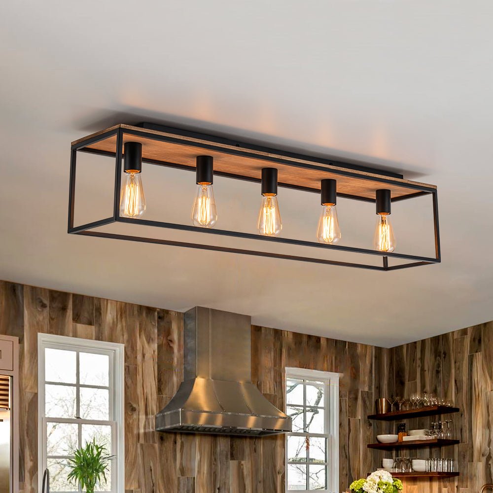 Pendantlightie - Farmhouse 5 - Light Wooden Cage Rectangular Flush Mount - Flush Mount - Black - 