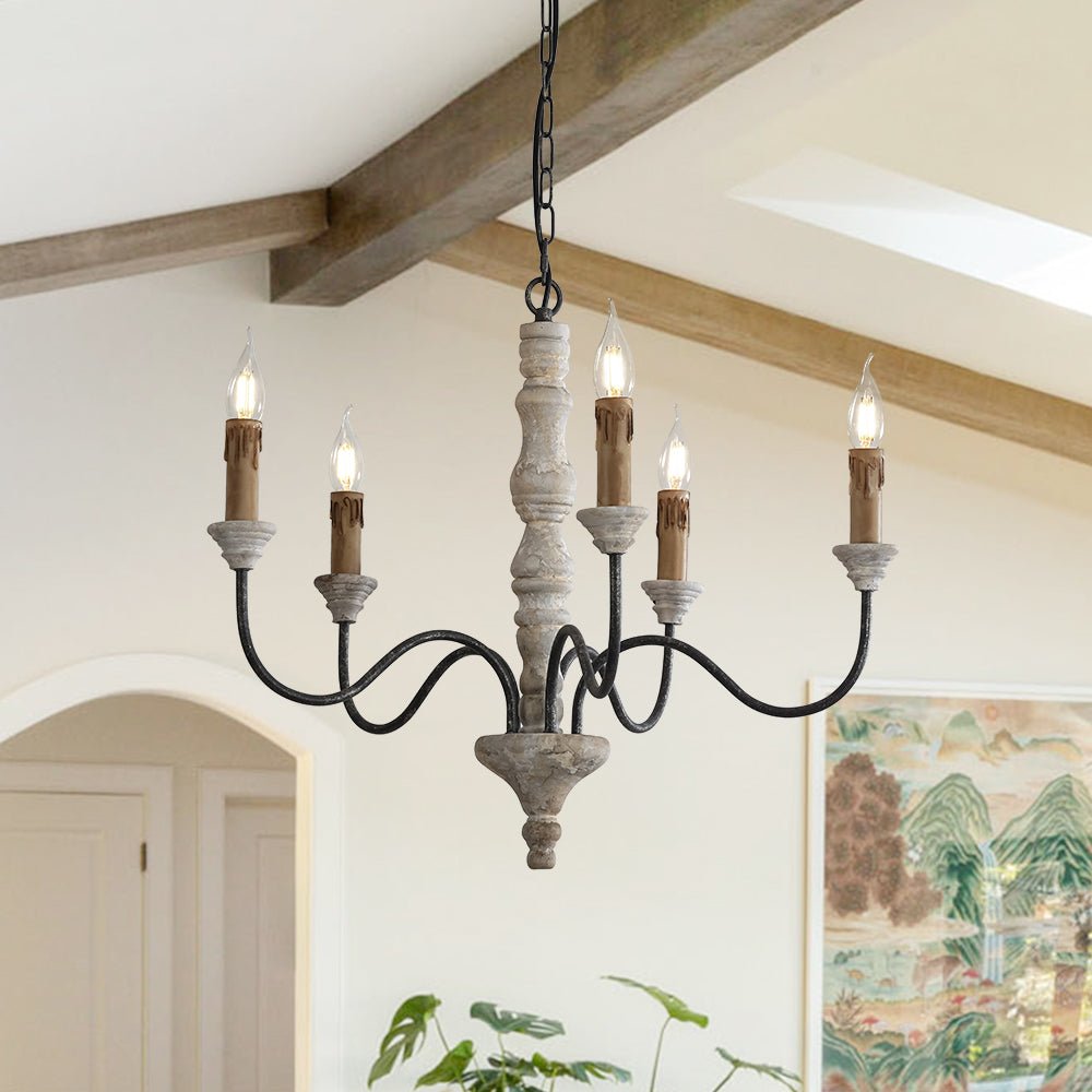 Pendantlightie - Farmhouse 5 - Light Wooden Candle Style French Country Chandelier - Chandeliers - Brown Candle Base - 