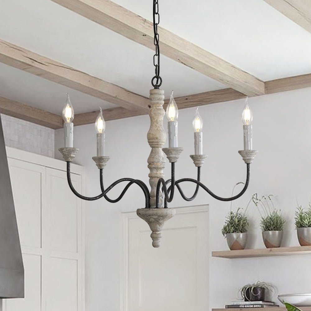 Pendantlightie - Farmhouse 5 - Light Wooden Candle Style French Country Chandelier - Chandeliers - White Candle Base - 