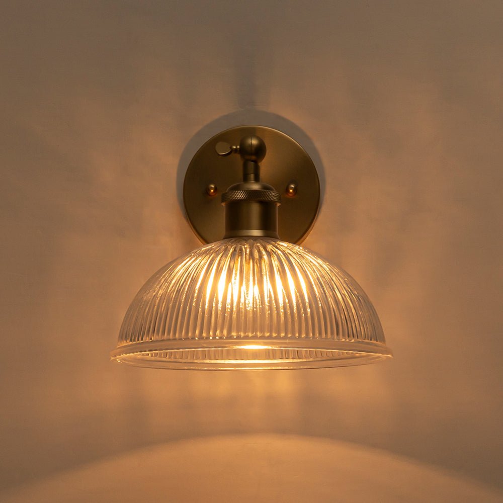 Pendantlightie-Farmhouse Industrial 1-Light Clear Ribbed Dome Shaped Glass Wall Light-Wall Light-Brass-