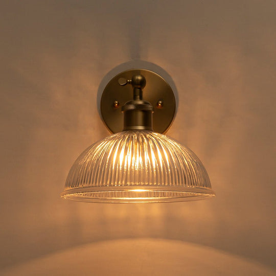 Pendantlightie-Farmhouse Industrial 1-Light Clear Ribbed Dome Shaped Glass Wall Light-Wall Light-Brass-