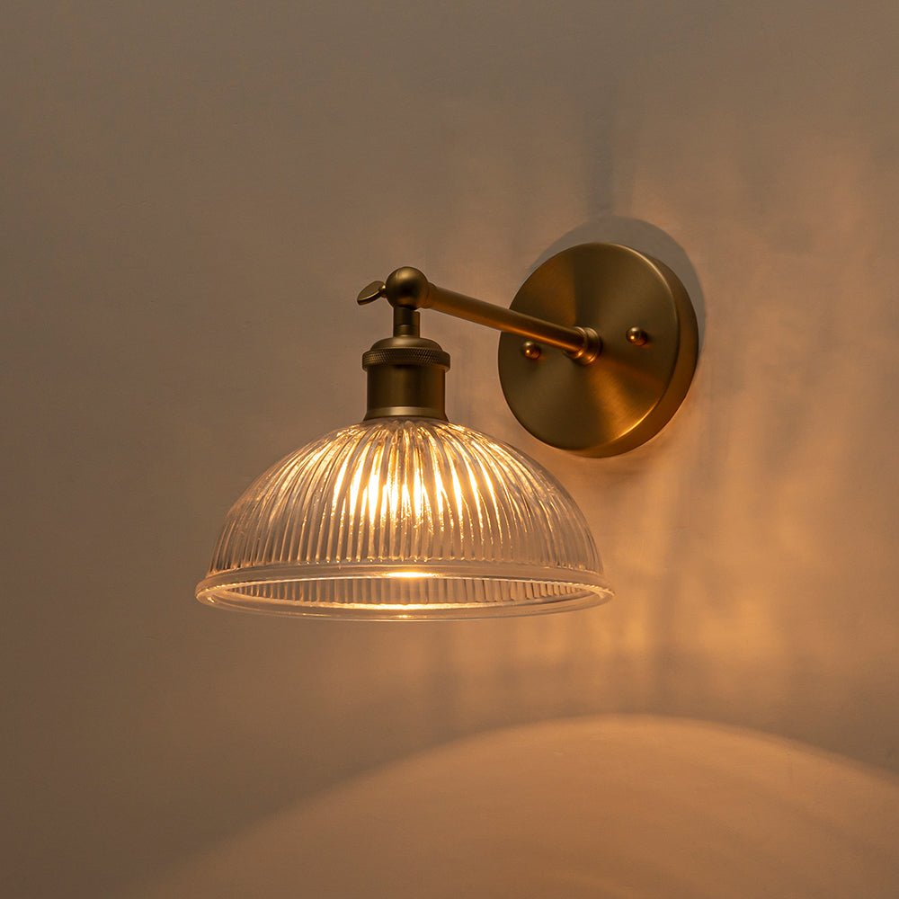 Pendantlightie-Farmhouse Industrial 1-Light Clear Ribbed Dome Shaped Glass Wall Light-Wall Light-Brass-