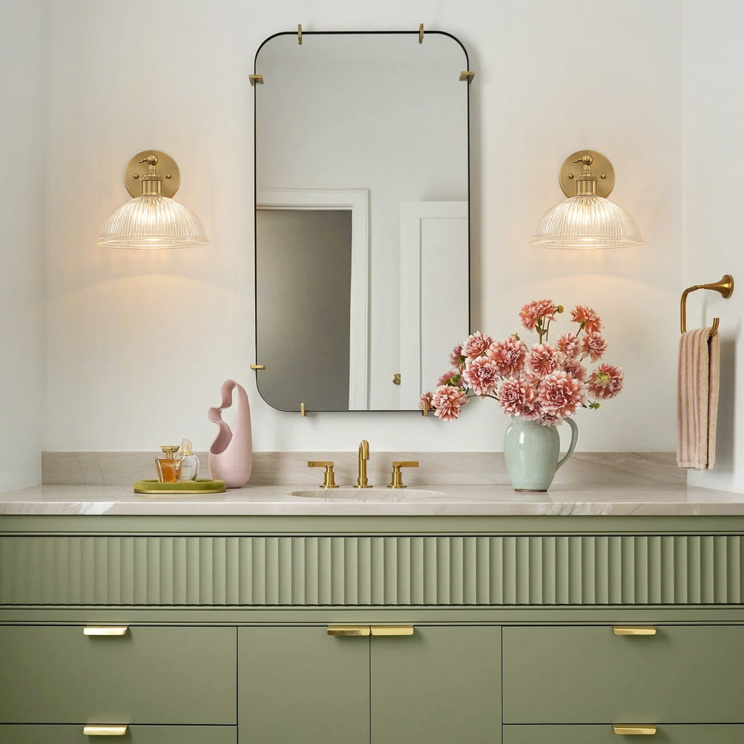 Pendantlightie-Farmhouse Industrial 1-Light Clear Ribbed Dome Shaped Glass Wall Light-Wall Light-Brass-