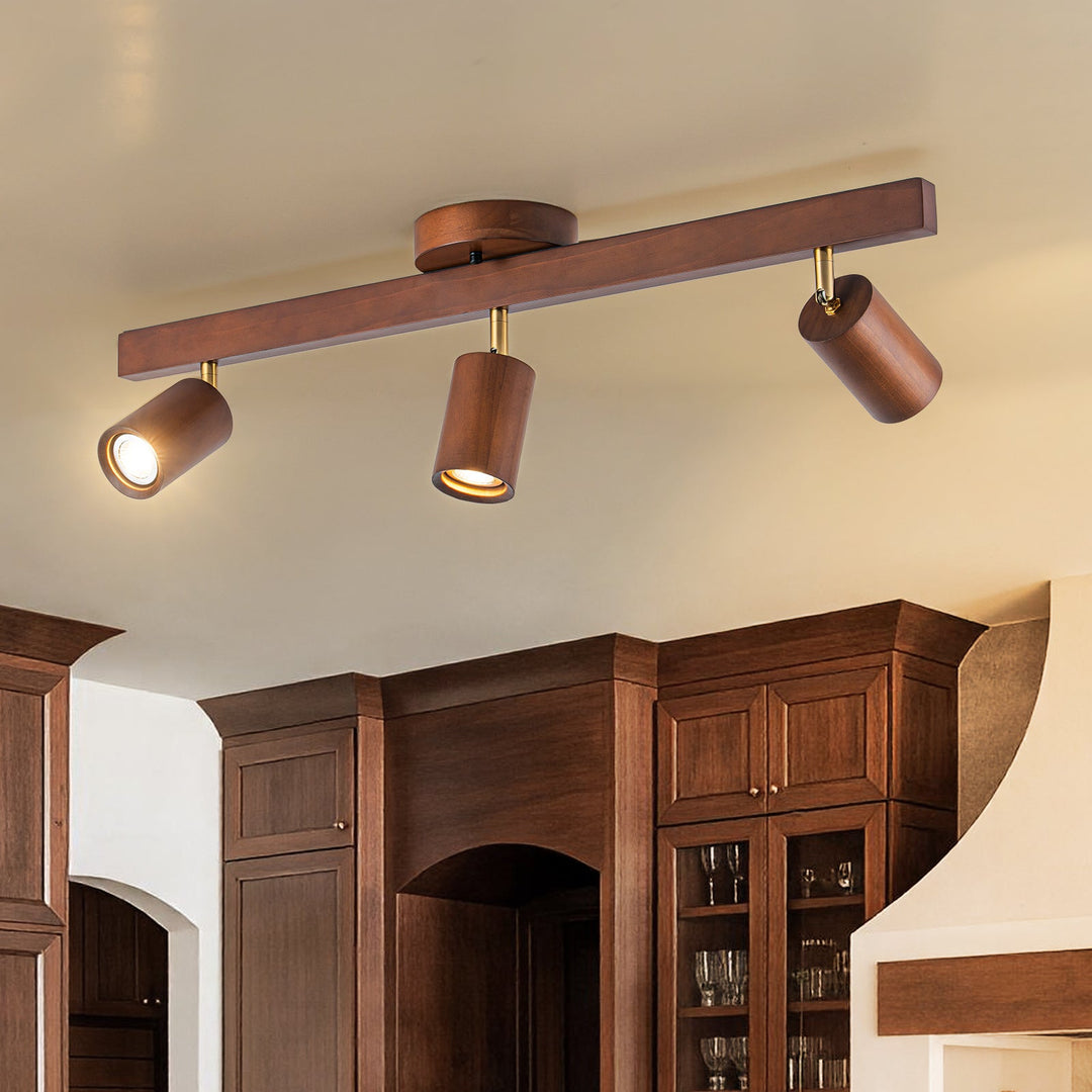 Pendantlightie-Farmhouse Linear Wooden Track Ceiling Lighting Rotable Heads-Semi Flush Mount-Walnut-3Lt