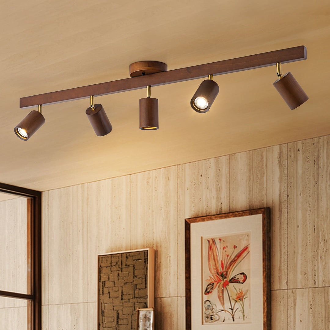 Pendantlightie-Farmhouse Linear Wooden Track Ceiling Lighting Rotable Heads-Semi Flush Mount-Walnut-5Lt