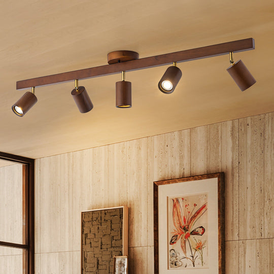 Pendantlightie-Farmhouse Linear Wooden Track Ceiling Lighting Rotable Heads-Semi Flush Mount-Walnut-5Lt