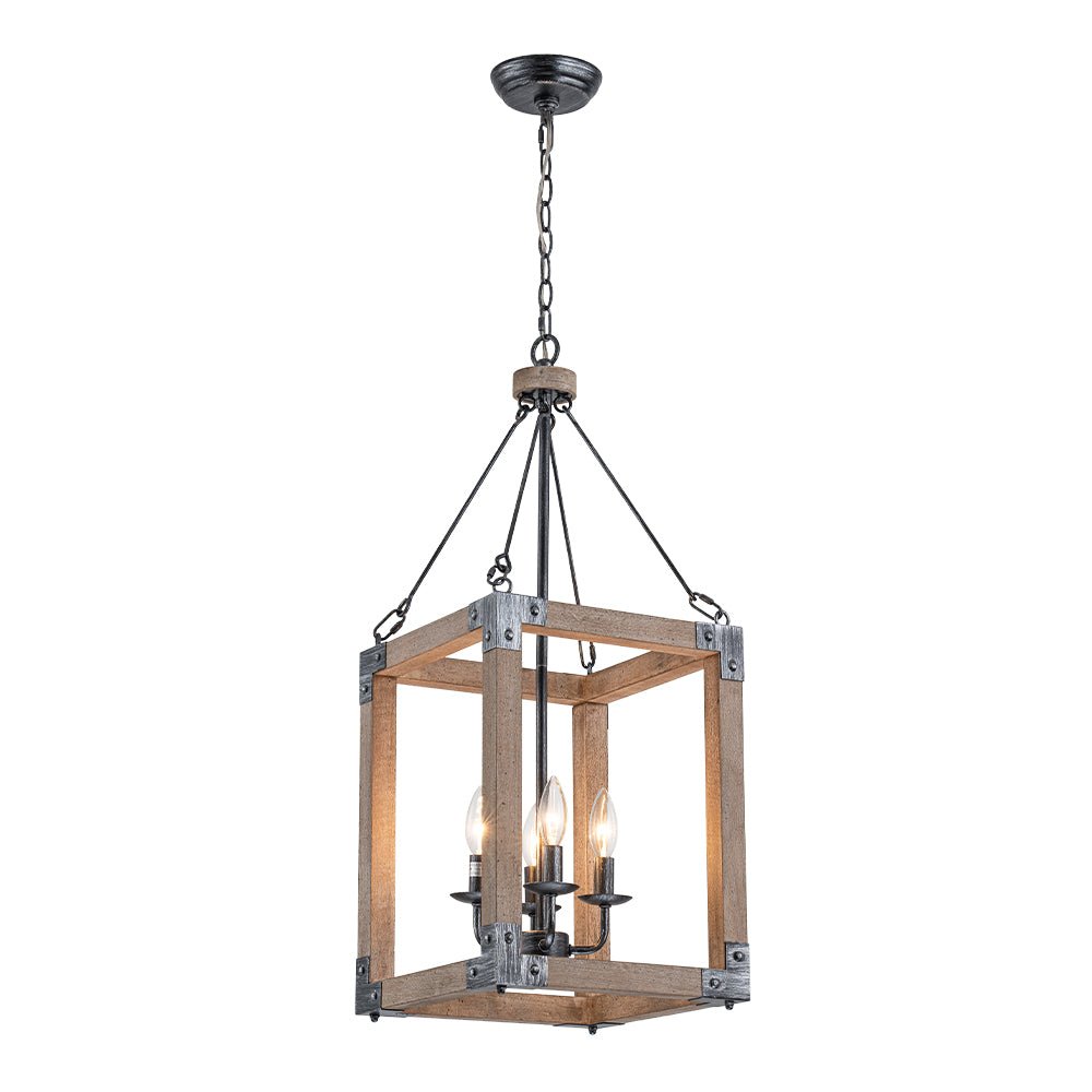 Farmhouse Rustic 4-Light Rectangle Lantern Wooden Pendant Light