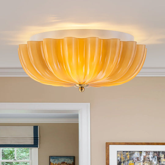 Pendantlightie-French Country 3-Light Floral Cream Crackled Scalloped Semi Flush Mount-Semi Flush Mount-Brown-