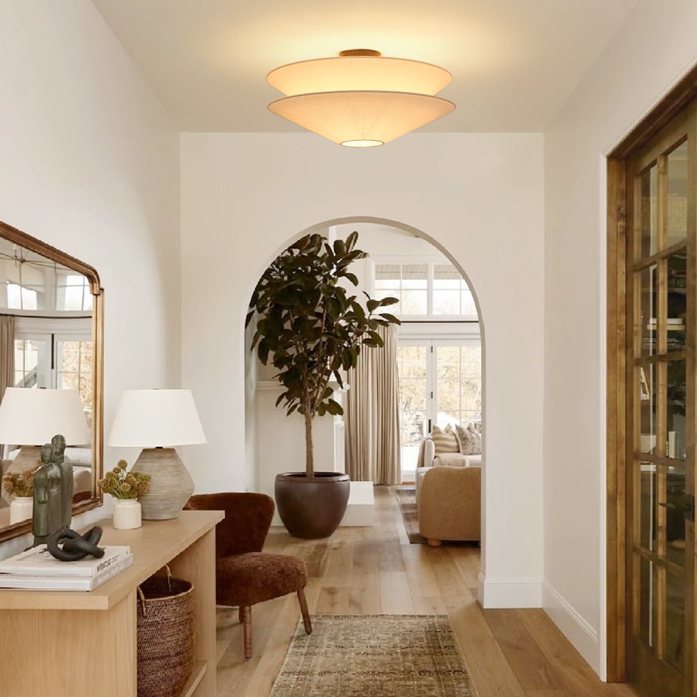 Pendantlightie - French Medieval 1 - Light Gull Linen Tiered Tapered Fabric Ceiling Light - Semi Flush Mount - Black - 