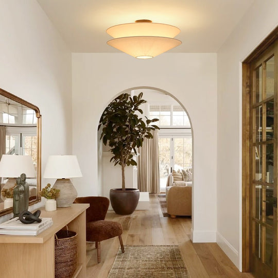 Pendantlightie - French Medieval 1 - Light Gull Linen Tiered Tapered Fabric Ceiling Light - Semi Flush Mount - Black - 