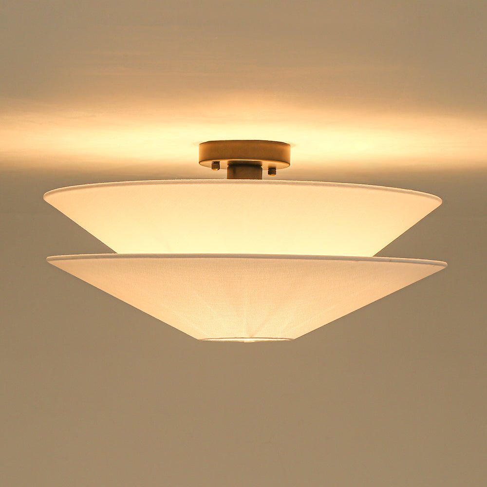 Pendantlightie - French Medieval 1 - Light Gull Linen Tiered Tapered Fabric Ceiling Light - Semi Flush Mount - Black - 