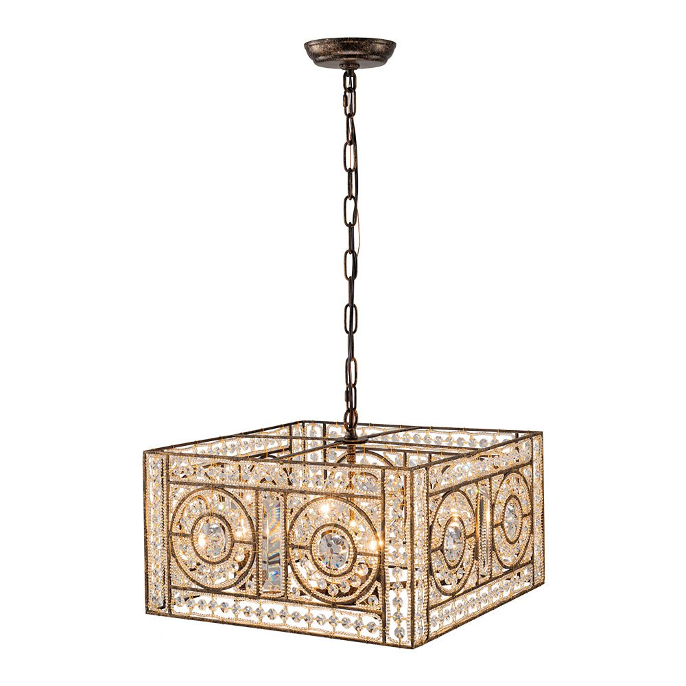 Pendantlightie - Glam 4 - Light Vintage Crystal Accent Square Chandelier - Chandeliers - Antique Bronze - 