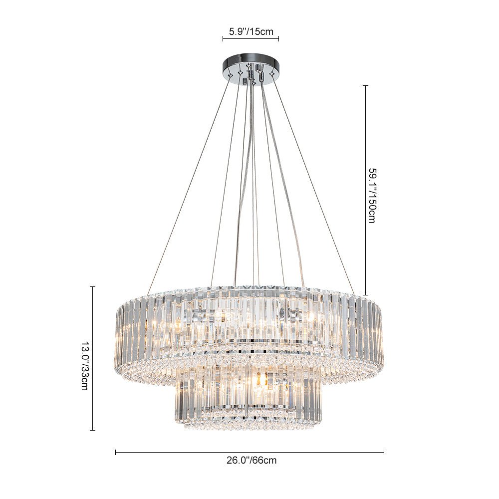 Pendantlightie - Glam Luxury 12 - Light Crystal Accents Tiered Round Drum Chandelier - Chandeliers - Chrome - 