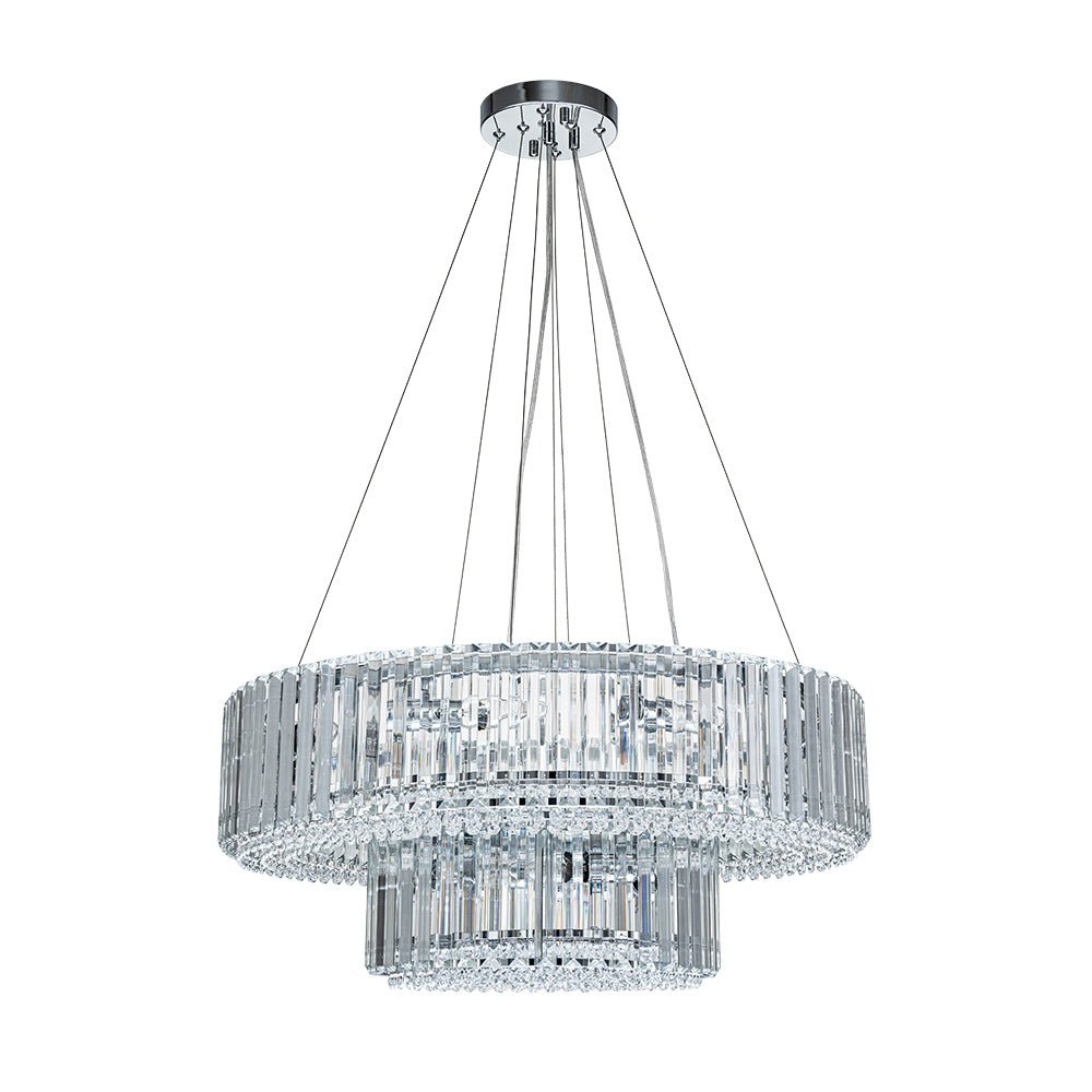 Pendantlightie - Glam Luxury 12 - Light Crystal Accents Tiered Round Drum Chandelier - Chandeliers - Chrome - 