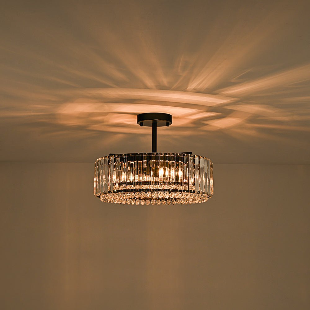 Pendantlightie - Glam Luxury 4 - Light Drum Crystal Accents Semi Ceiling Light - Semi Flush Mount - Black - 