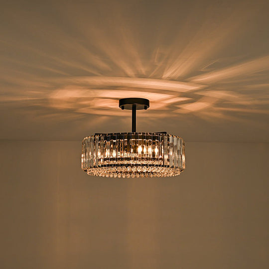 Pendantlightie - Glam Luxury 4 - Light Drum Crystal Accents Semi Ceiling Light - Semi Flush Mount - Black - 