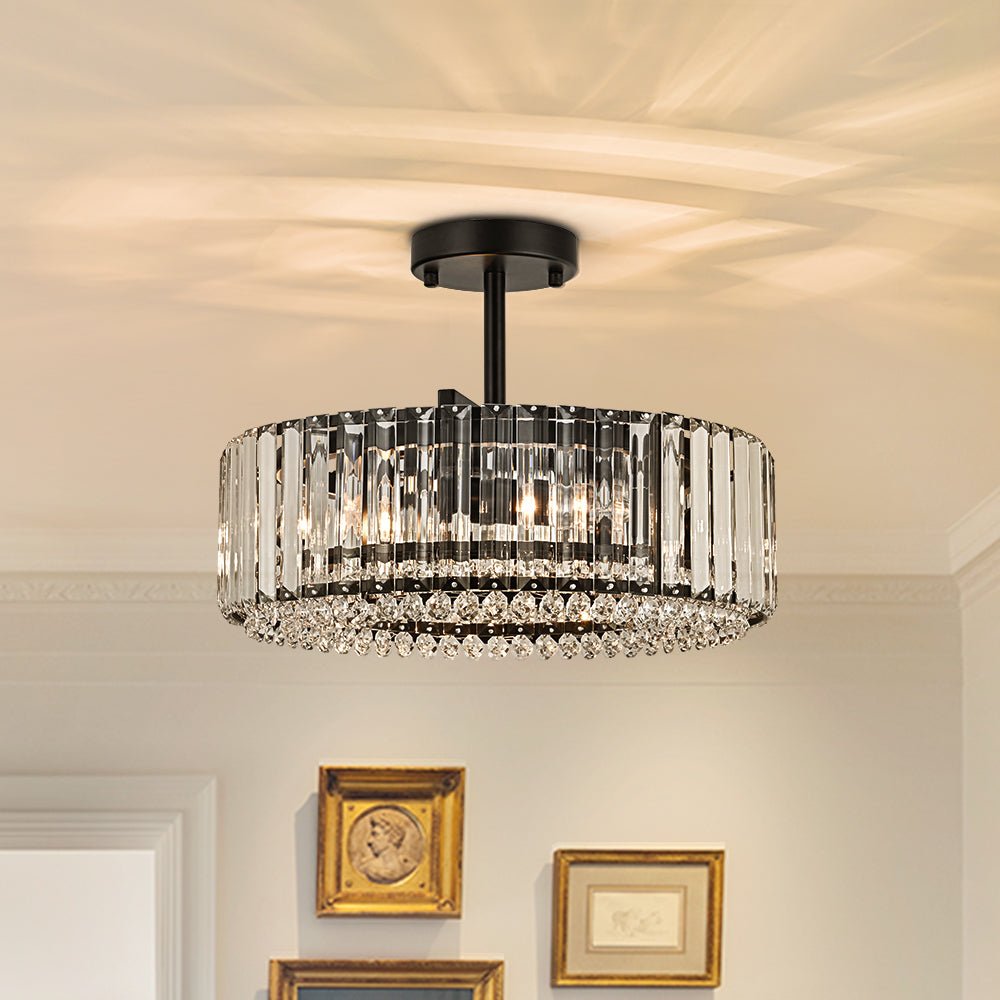 Pendantlightie - Glam Luxury 4 - Light Drum Crystal Accents Semi Ceiling Light - Semi Flush Mount - Black - 