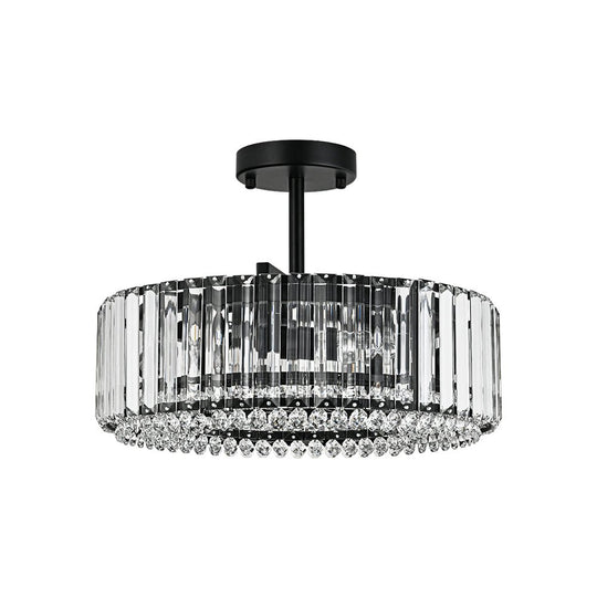 Pendantlightie - Glam Luxury 4 - Light Drum Crystal Accents Semi Ceiling Light - Semi Flush Mount - Black - 