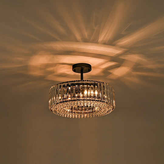 Pendantlightie - Glam Luxury 4 - Light Drum Crystal Accents Semi Ceiling Light - Semi Flush Mount - Black - 