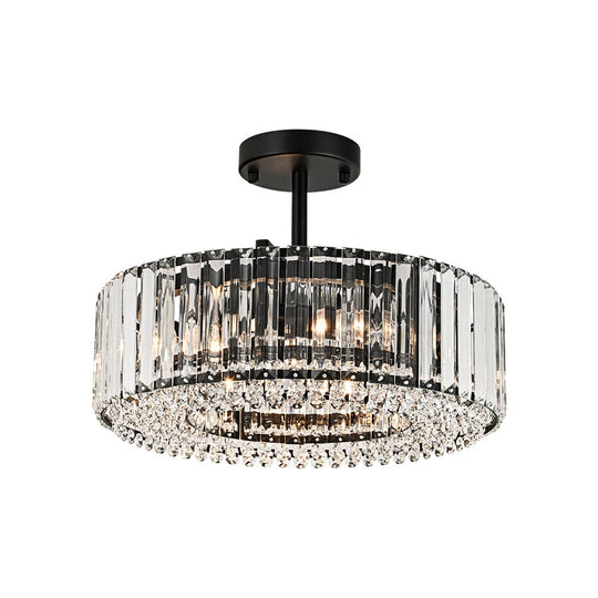 Pendantlightie - Glam Luxury 4 - Light Drum Crystal Accents Semi Ceiling Light - Semi Flush Mount - Black - 