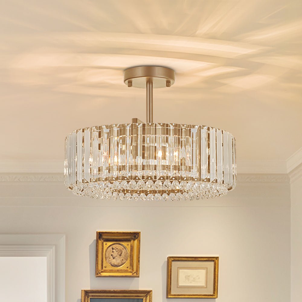 Pendantlightie - Glam Luxury 4 - Light Drum Crystal Accents Semi Ceiling Light - Semi Flush Mount - Gold - 