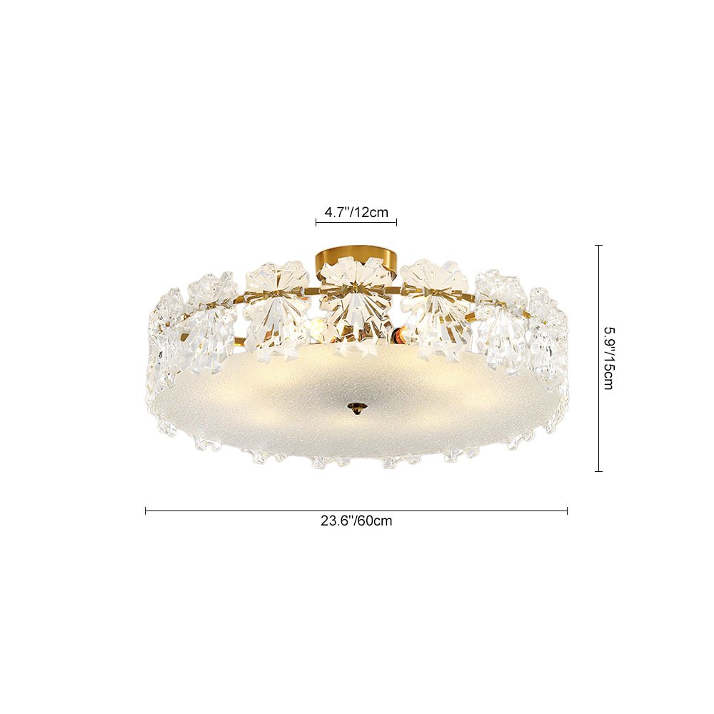Pendantlightie - Glam Textured Glass Snowflake Round Drum Crystal Semi Ceiling Light - Semi Flush Mount - Medium (50 CM) - 