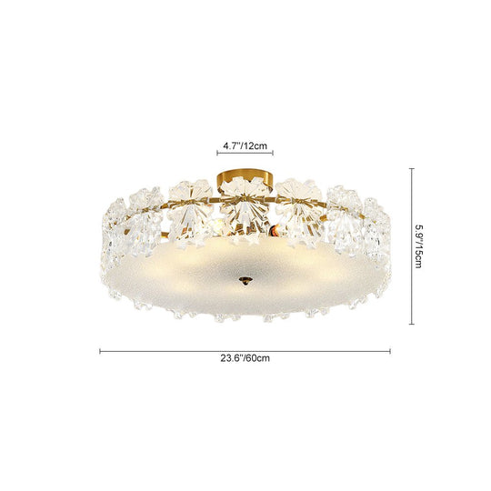 Pendantlightie - Glam Textured Glass Snowflake Round Drum Crystal Semi Ceiling Light - Semi Flush Mount - Medium (50 CM) - 