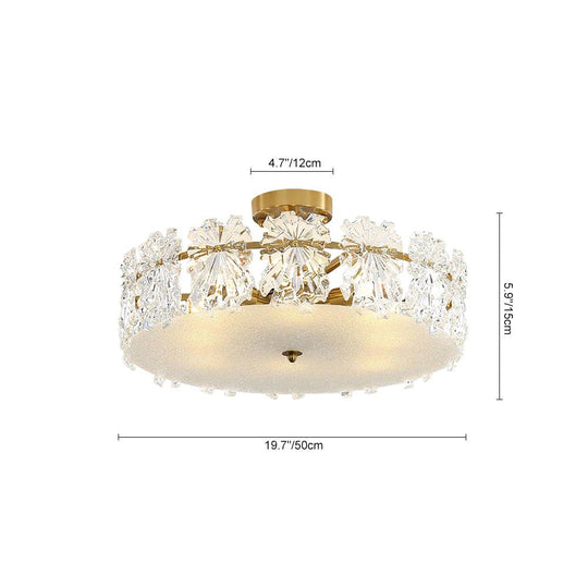 Pendantlightie - Glam Textured Glass Snowflake Round Drum Crystal Semi Ceiling Light - Semi Flush Mount - Medium (50 CM) - 
