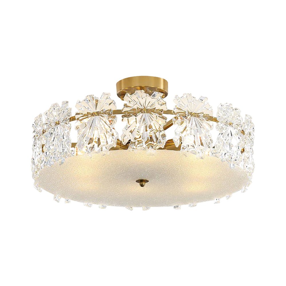 Pendantlightie - Glam Textured Glass Snowflake Round Drum Crystal Semi Ceiling Light - Semi Flush Mount - Medium (50 CM) - 