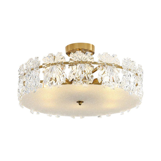 Pendantlightie - Glam Textured Glass Snowflake Round Drum Crystal Semi Ceiling Light - Semi Flush Mount - Medium (50 CM) - 