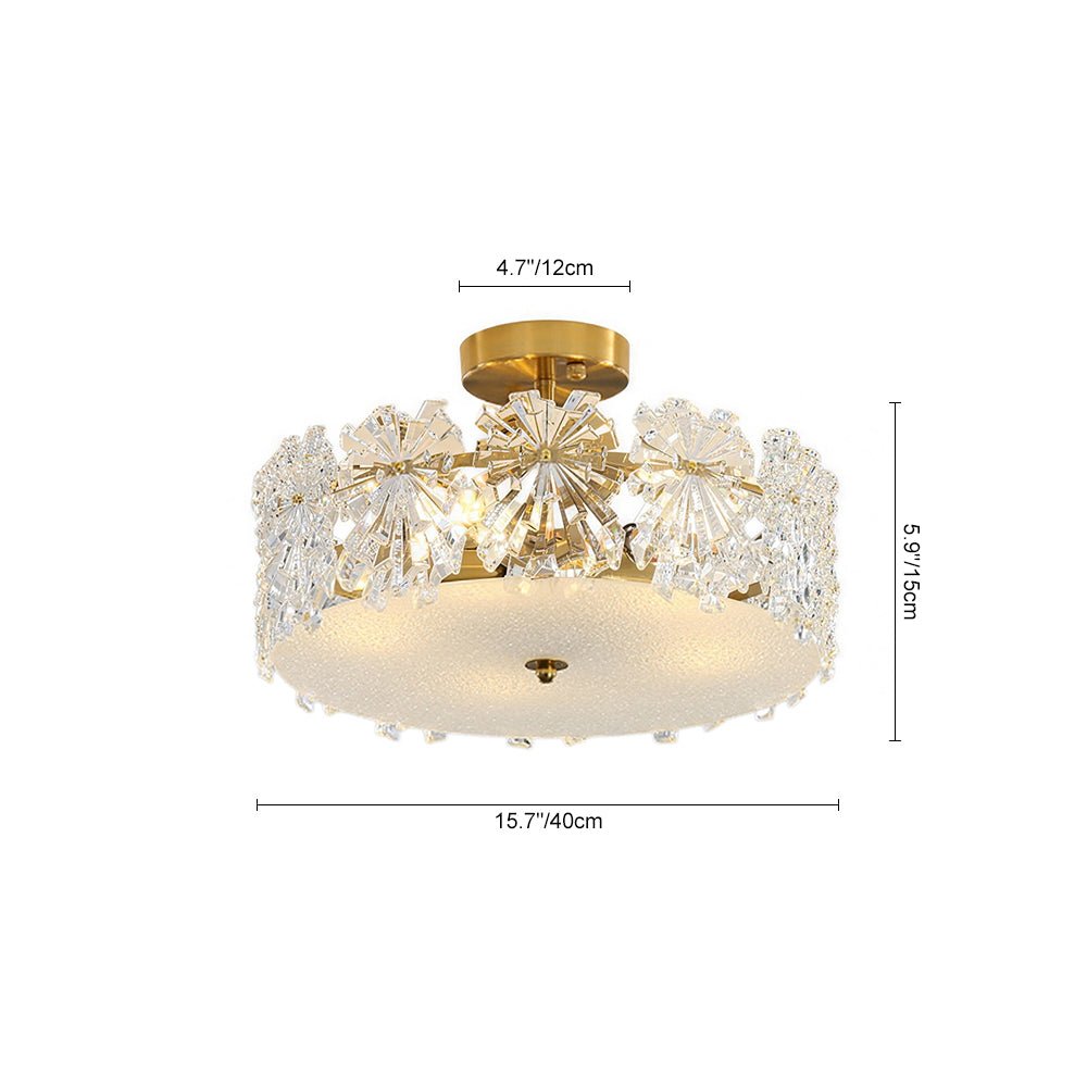Pendantlightie - Glam Textured Glass Snowflake Round Drum Crystal Semi Ceiling Light - Semi Flush Mount - Medium (50 CM) - 