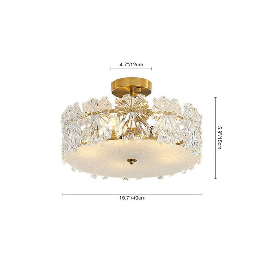 Pendantlightie - Glam Textured Glass Snowflake Round Drum Crystal Semi Ceiling Light - Semi Flush Mount - Medium (50 CM) - 