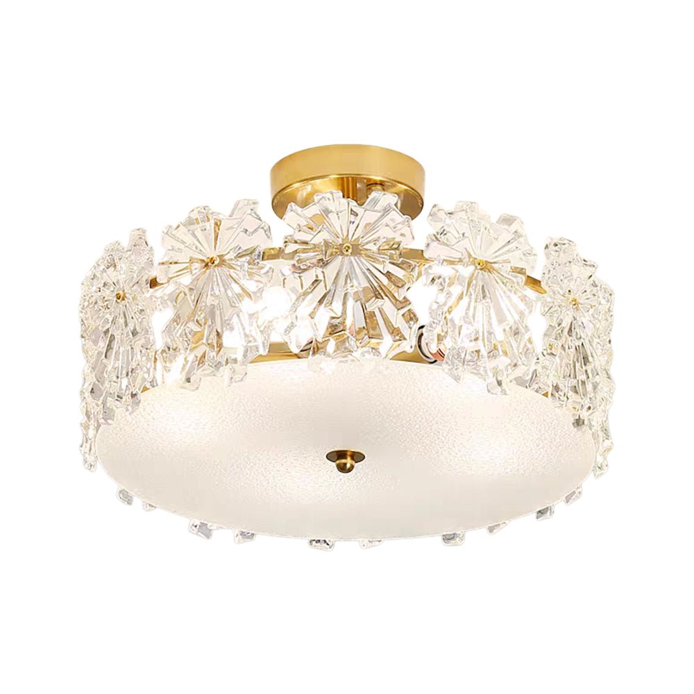 Pendantlightie - Glam Textured Glass Snowflake Round Drum Crystal Semi Ceiling Light - Semi Flush Mount - Medium (50 CM) - 