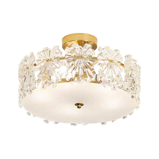 Pendantlightie - Glam Textured Glass Snowflake Round Drum Crystal Semi Ceiling Light - Semi Flush Mount - Medium (50 CM) - 
