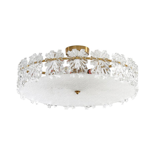 Pendantlightie - Glam Textured Glass Snowflake Round Drum Crystal Semi Ceiling Light - Semi Flush Mount - Medium (50 CM) - 