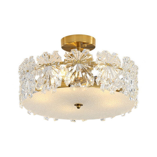 Pendantlightie - Glam Textured Glass Snowflake Round Drum Crystal Semi Ceiling Light - Semi Flush Mount - Medium (50 CM) - 