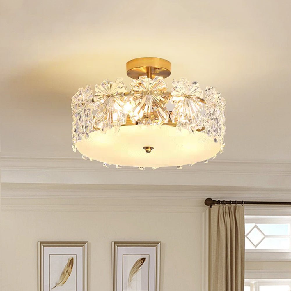 Pendantlightie - Glam Textured Glass Snowflake Round Drum Crystal Semi Ceiling Light - Semi Flush Mount - Medium (50 CM) - 