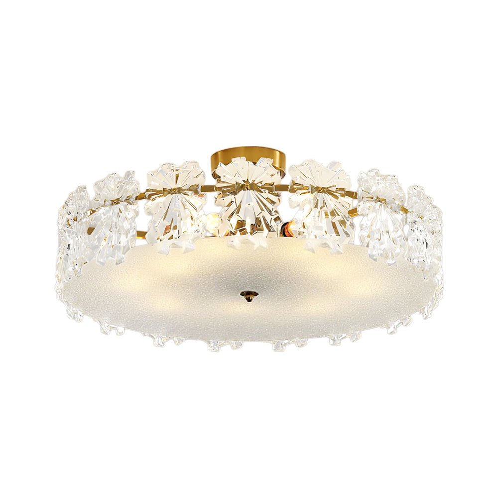 Pendantlightie - Glam Textured Glass Snowflake Round Drum Crystal Semi Ceiling Light - Semi Flush Mount - Medium (50 CM) - 