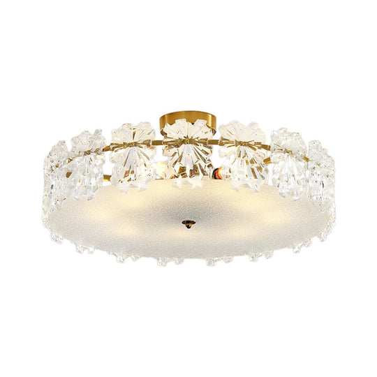 Pendantlightie - Glam Textured Glass Snowflake Round Drum Crystal Semi Ceiling Light - Semi Flush Mount - Medium (50 CM) - 