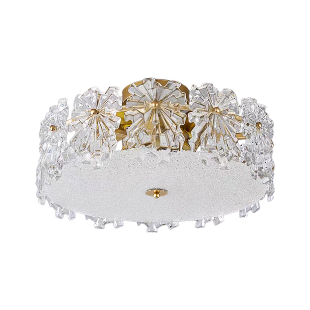 Pendantlightie - Glam Textured Glass Snowflake Round Drum Crystal Semi Ceiling Light - Semi Flush Mount - Medium (50 CM) - 