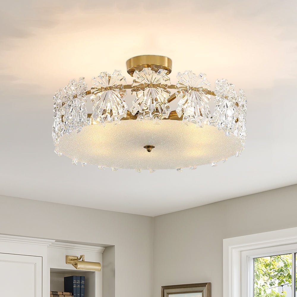 Pendantlightie - Glam Textured Glass Snowflake Round Drum Crystal Semi Ceiling Light - Semi Flush Mount - Medium (50 CM) - 