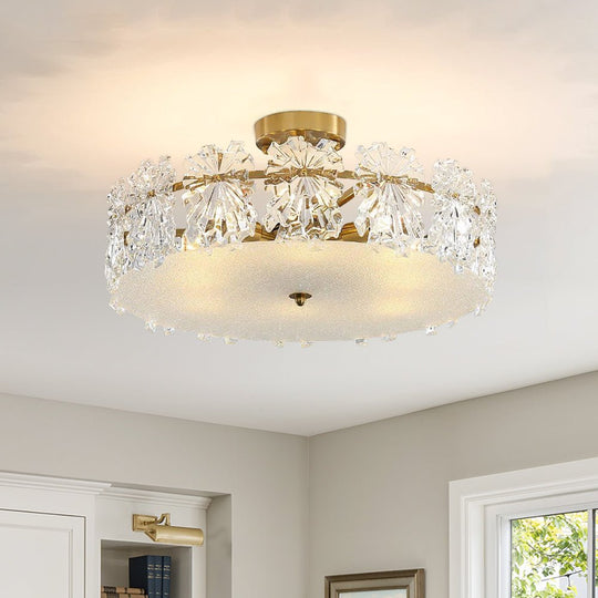 Pendantlightie - Glam Textured Glass Snowflake Round Drum Crystal Semi Ceiling Light - Semi Flush Mount - Medium (50 CM) - 