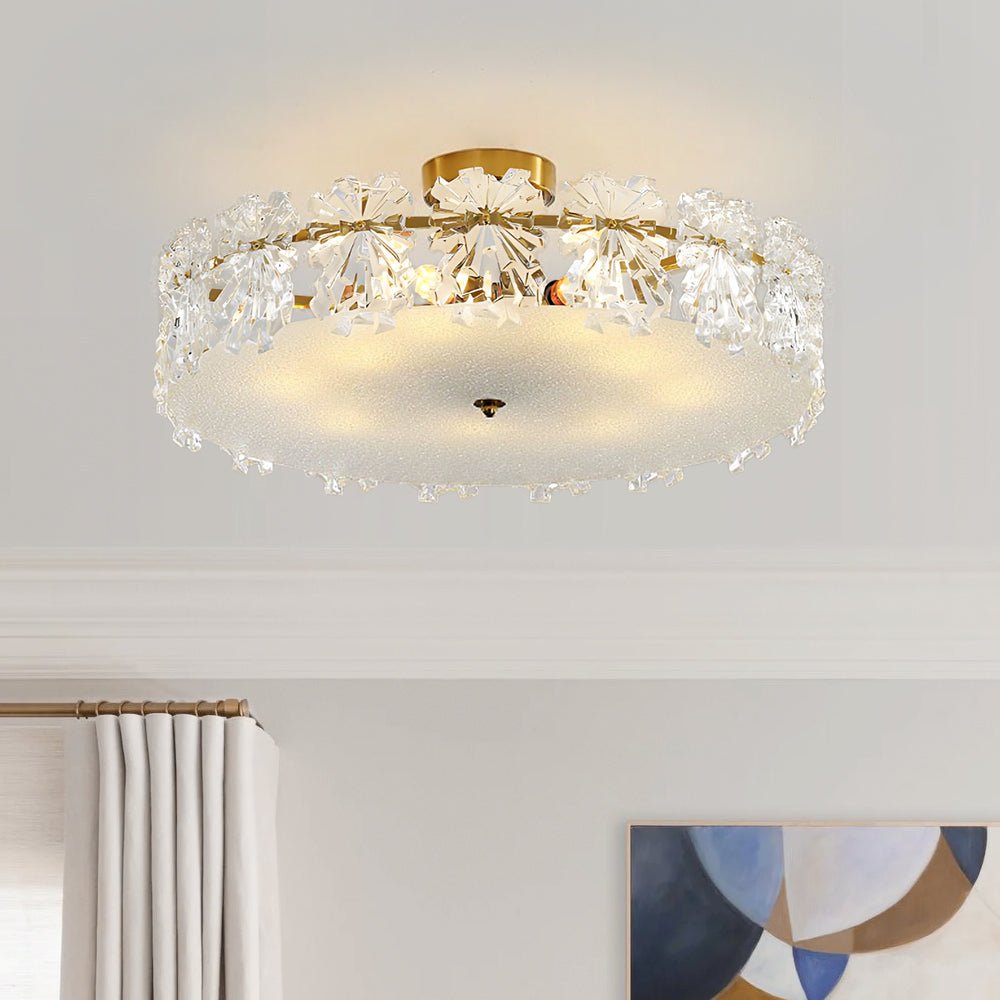 Pendantlightie - Glam Textured Glass Snowflake Round Drum Crystal Semi Ceiling Light - Semi Flush Mount - Small (40CM) - 