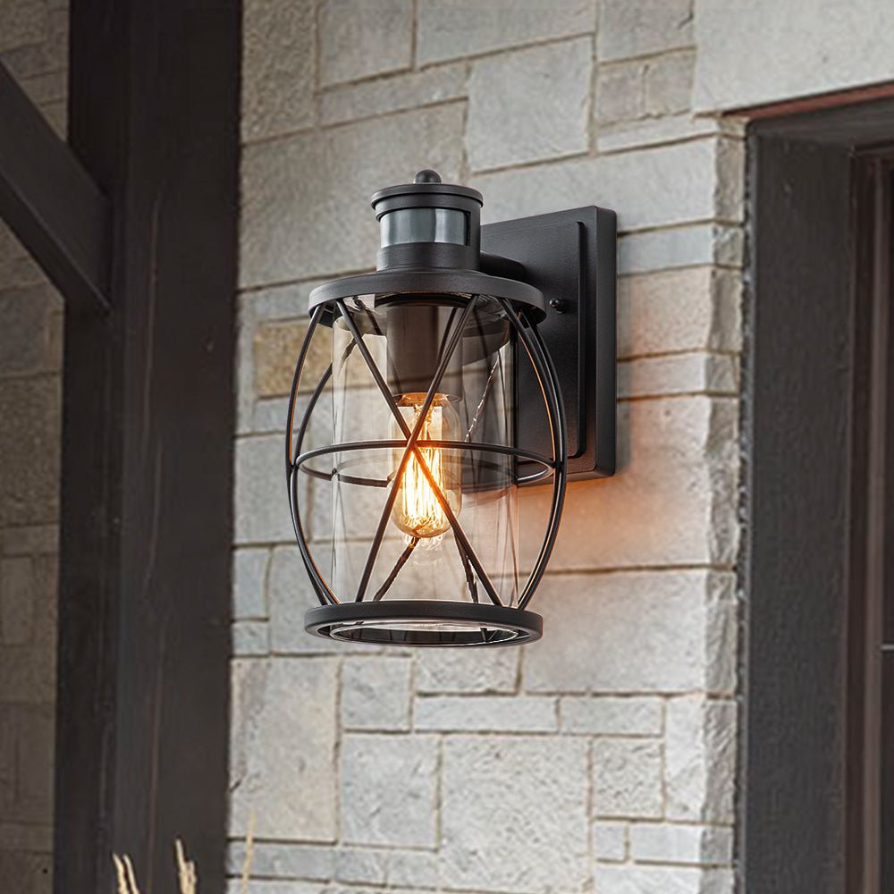 Pendantlightie - Industrial 1 - Light Cylinder Clear Glass Outdoor Cage Wall Light - Outdoor Wall Light - Black - 