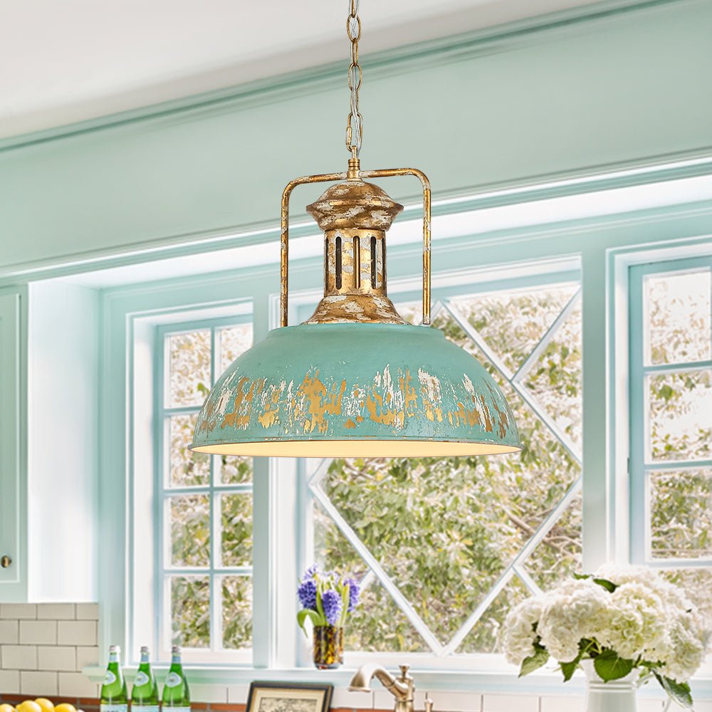 Pendantlightie-Industrial 1-Light Handmade Peeling Paint Metal Dome Pendant Light-Pendants-Green-