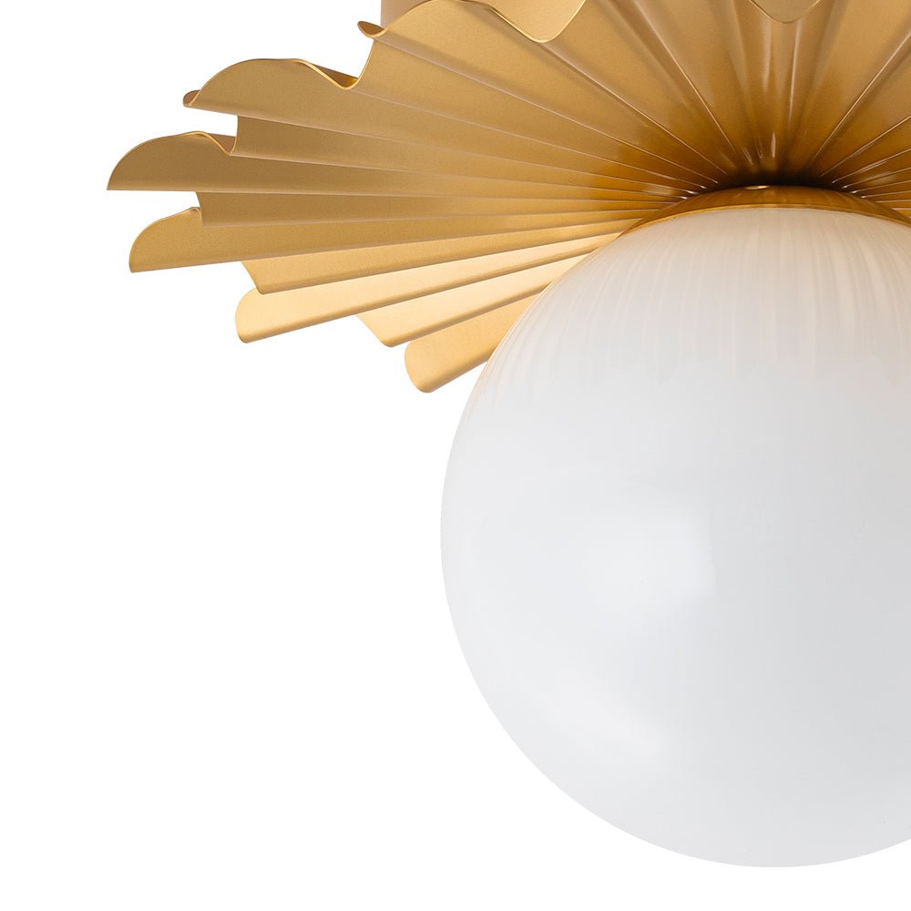Pendantlightie - Mid - Century 1 - Light Flower Pleated Single Round Glass Flush Mount - Semi Flush Mount - Brass - 